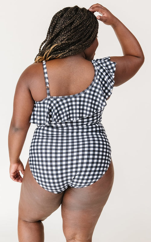 Black Gingham One-Shoulder One-Piece