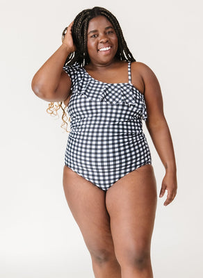 Black Gingham One-Shoulder One-Piece