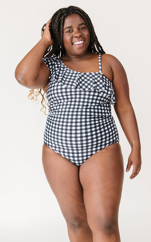 Black Gingham One-Shoulder One-Piece