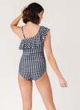 Black Gingham One-Shoulder One-Piece