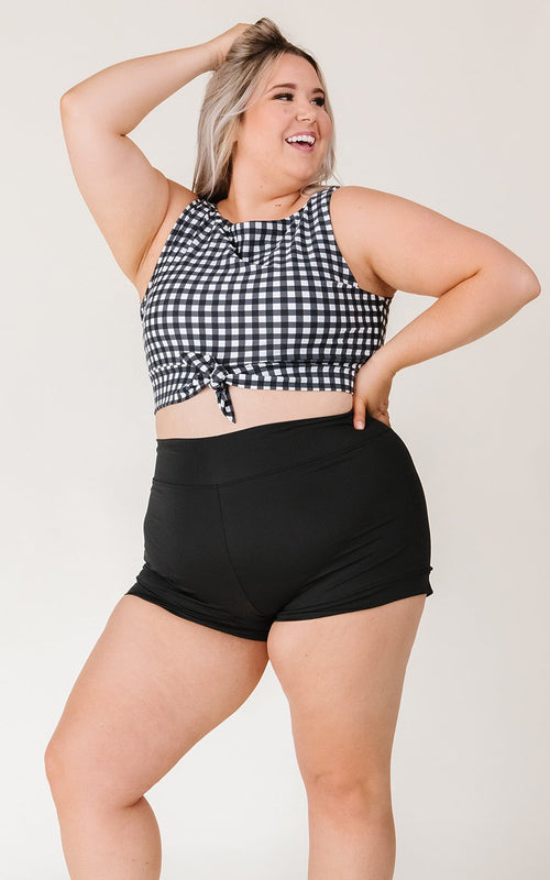 Black Gingham Knotted Crop Top