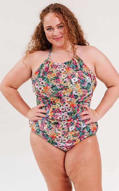 Crayon Floral Cinch-Neck Tankini Top