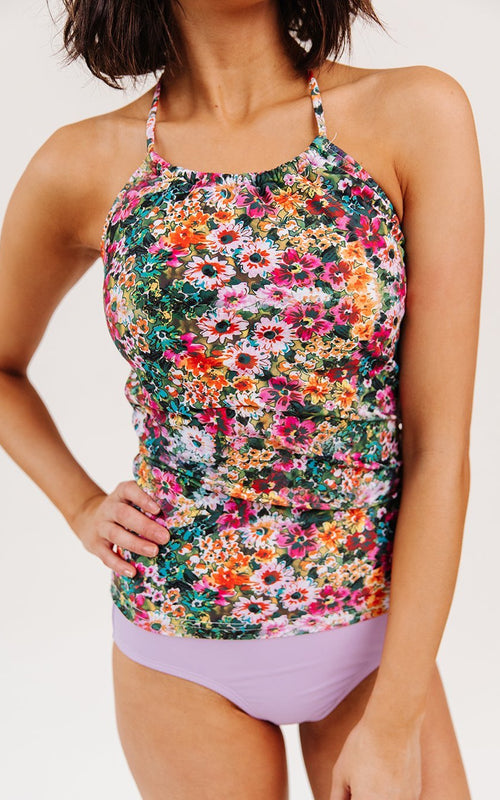 Crayon Floral Cinch-Neck Tankini Top