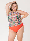 Crayon Floral Cinch-Neck Tankini Top