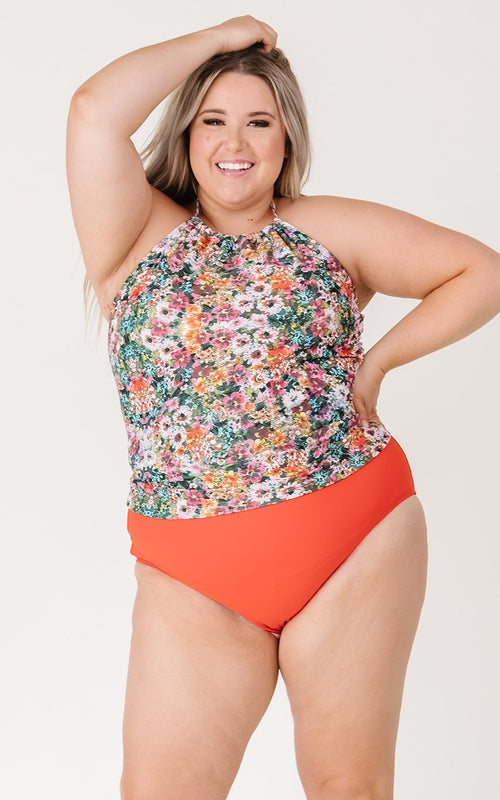 Crayon Floral Cinch-Neck Tankini Top