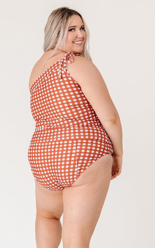 Rust Gingham One-Shoulder Tankini Top