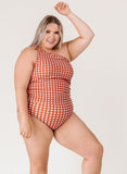 Rust Gingham One-Shoulder Tankini Top