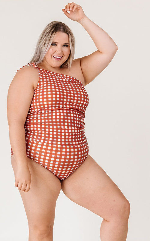 Rust Gingham One-Shoulder Tankini Top
