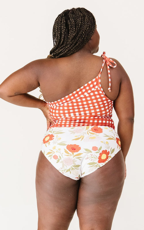 Rust Gingham One-Shoulder Tankini Top