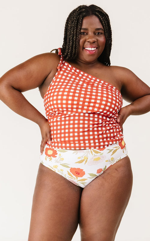 Rust Gingham One-Shoulder Tankini Top
