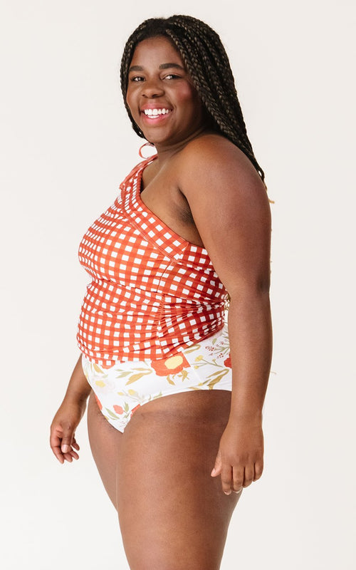Rust Gingham One-Shoulder Tankini Top