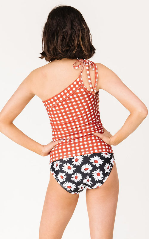 Rust Gingham One-Shoulder Tankini Top