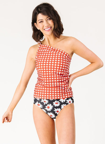 Rust Gingham One-Shoulder Tankini Top - XXS