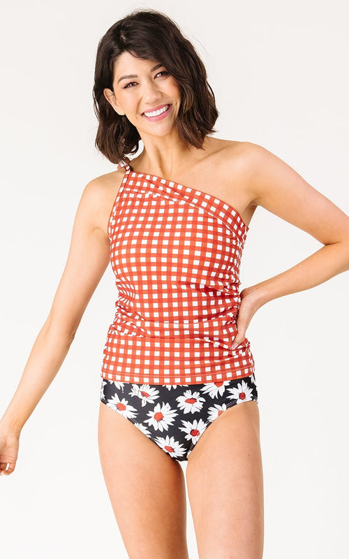 Rust Gingham One-Shoulder Tankini Top